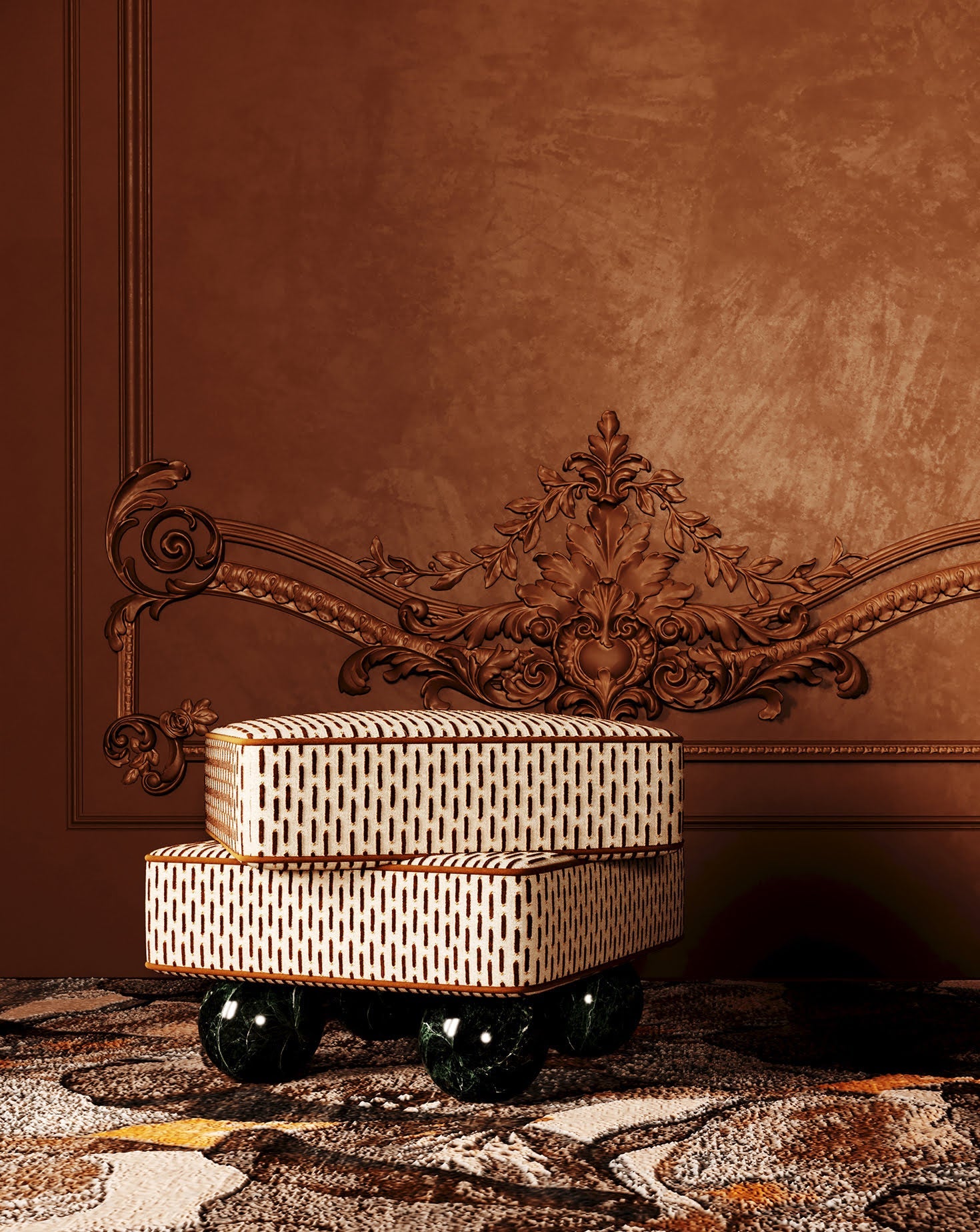 Jacquard Velvet Sculptural Accent Stool Small